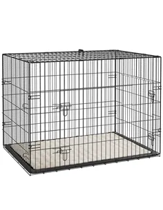 PawHut Foldable Dog Crate with 2 Doors with Tray, Soft Cushion, for Large Medium Dogs, 91 x 62 x 68, Black