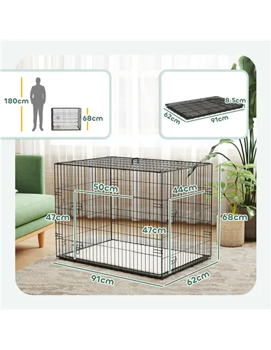 PawHut Foldable Dog Crate with 2 Doors with Tray, Soft Cushion, for Large Medium Dogs, 91 x 62 x 68, Black