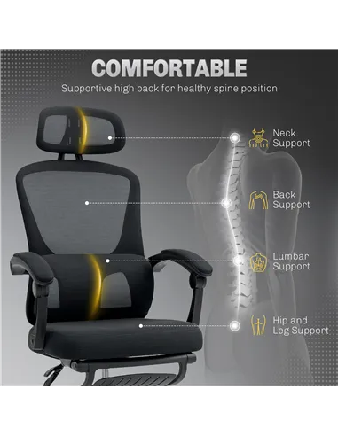 HOMCOM Ergonomic Office Chair, Mesh High Back Desk Chair with Adjustable Lumbar Support and Headrest, Footrest, Reclining Execut