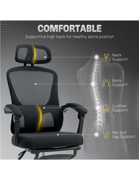 HOMCOM Ergonomic Office Chair, Mesh High Back Desk Chair with Adjustable Lumbar Support and Headrest, Footrest, Reclining Execut
