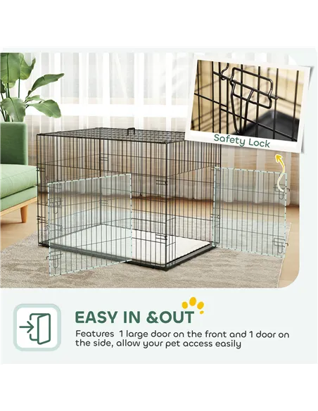 PawHut Foldable Dog Crate with 2 Doors with Tray, Soft Cushion, for Large Medium Dogs, 91 x 62 x 68, Black
