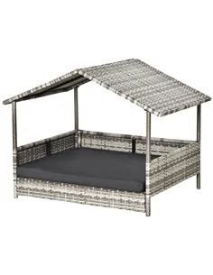 PawHut Wicker Dog House, Rattan Pet Bed, with Removable Cushion, Canopy, for Small and Medium Dogs - Dark Grey