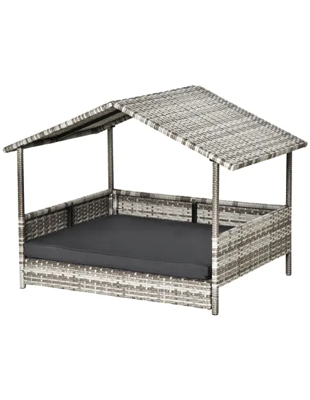 PawHut Wicker Dog House, Rattan Pet Bed, with Removable Cushion, Canopy, for Small and Medium Dogs - Dark Grey