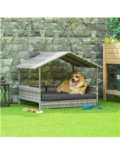 PawHut Wicker Dog House, Rattan Pet Bed, with Removable Cushion, Canopy, for Small and Medium Dogs - Dark Grey 2