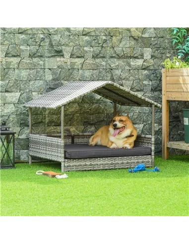 PawHut Wicker Dog House, Rattan Pet Bed, with Removable Cushion, Canopy, for Small and Medium Dogs - Dark Grey