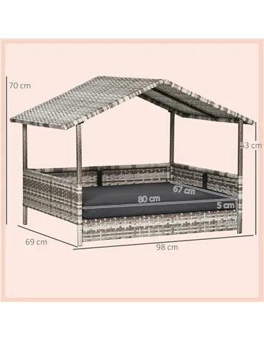 PawHut Wicker Dog House, Rattan Pet Bed, with Removable Cushion, Canopy, for Small and Medium Dogs - Dark Grey