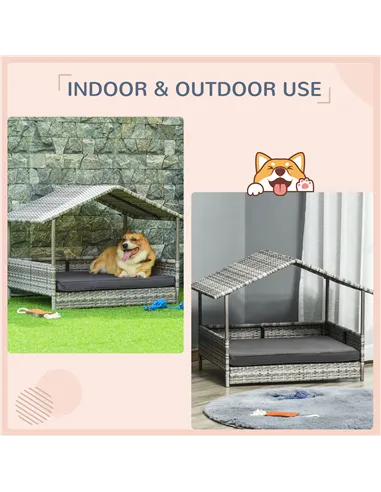 PawHut Wicker Dog House, Rattan Pet Bed, with Removable Cushion, Canopy, for Small and Medium Dogs - Dark Grey