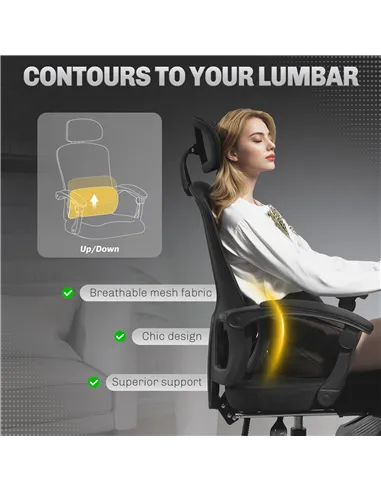 HOMCOM Ergonomic Office Chair, Mesh High Back Desk Chair with Adjustable Lumbar Support and Headrest, Footrest, Reclining Execut