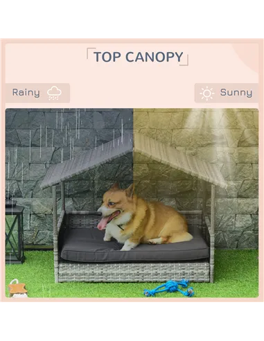 PawHut Wicker Dog House, Rattan Pet Bed, with Removable Cushion, Canopy, for Small and Medium Dogs - Dark Grey