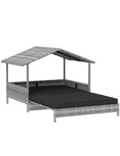 PawHut Extendable Elevated Dog Bed, Rattan Dog House, with Water-Resistant Roof, Removable Cushion, Charcoal Grey