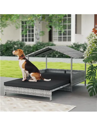 PawHut Extendable Elevated Dog Bed, Rattan Dog House, with Water-Resistant Roof, Removable Cushion, Charcoal Grey