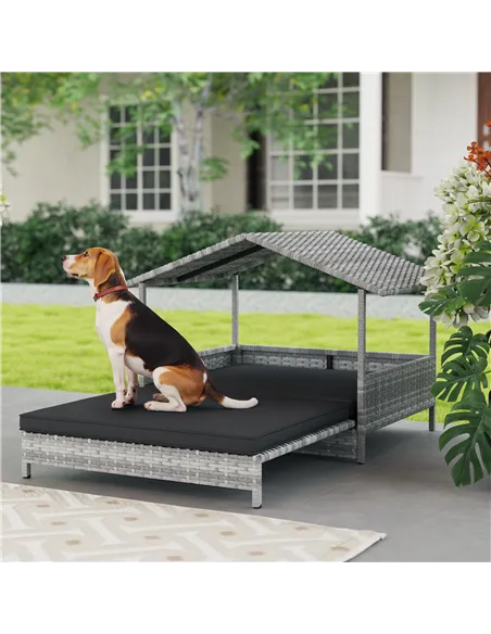 PawHut Extendable Elevated Dog Bed, Rattan Dog House, with Water-Resistant Roof, Removable Cushion, Charcoal Grey