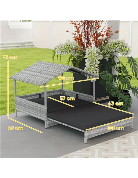 PawHut Extendable Elevated Dog Bed, Rattan Dog House, with Water-Resistant Roof, Removable Cushion, Charcoal Grey