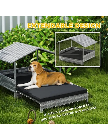 PawHut Extendable Elevated Dog Bed, Rattan Dog House, with Water-Resistant Roof, Removable Cushion, Charcoal Grey