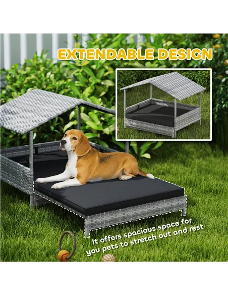 PawHut Extendable Elevated Dog Bed, Rattan Dog House, with Water-Resistant Roof, Removable Cushion, Charcoal Grey