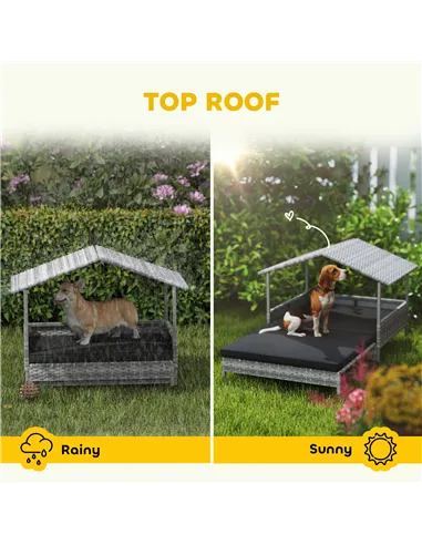 PawHut Extendable Elevated Dog Bed, Rattan Dog House, with Water-Resistant Roof, Removable Cushion, Charcoal Grey
