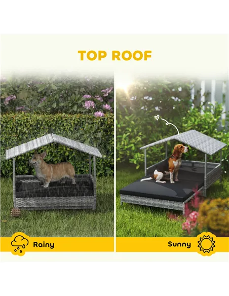 PawHut Extendable Elevated Dog Bed, Rattan Dog House, with Water-Resistant Roof, Removable Cushion, Charcoal Grey