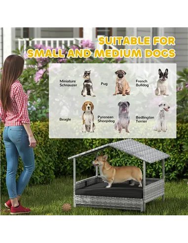 PawHut Extendable Elevated Dog Bed, Rattan Dog House, with Water-Resistant Roof, Removable Cushion, Charcoal Grey