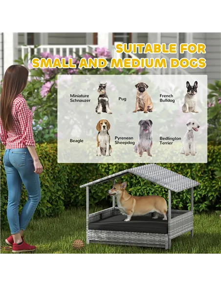 PawHut Extendable Elevated Dog Bed, Rattan Dog House, with Water-Resistant Roof, Removable Cushion, Charcoal Grey