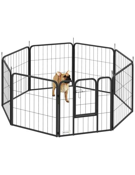 PawHut Eight-Panel Dog Playpen with Door, for Large Dogs, Indoors, Outdoors, 60cm Tall, Black
