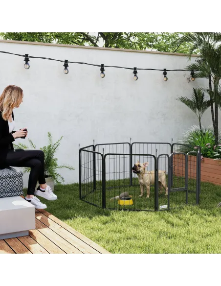 PawHut Eight-Panel Dog Playpen with Door, for Large Dogs, Indoors, Outdoors, 60cm Tall, Black
