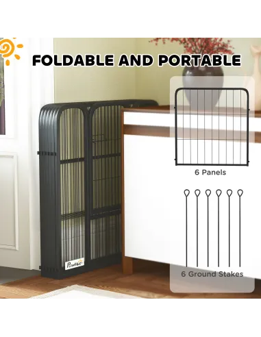 PawHut Six-Panel Dog Playpen with Door, for Small Dogs, Indoors, Outdoors, 60cm Tall, Black