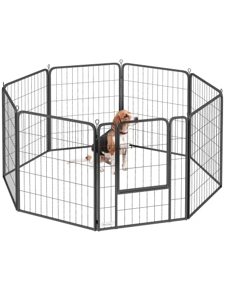PawHut Eight-Panel Dog Playpen with Door, for Large Dogs, Indoors, Outdoors, 80cm Tall, Black