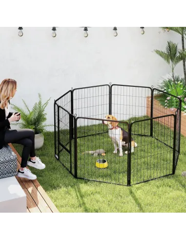 PawHut Eight-Panel Dog Playpen with Door, for Large Dogs, Indoors, Outdoors, 80cm Tall, Black