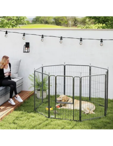 PawHut Eight-Panel Dog Playpen with Door, for Large Dogs, Indoors, Outdoors, 100cm Tall, Black