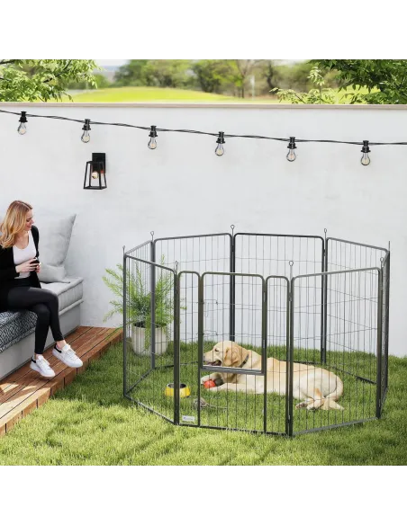 PawHut Eight-Panel Dog Playpen with Door, for Large Dogs, Indoors, Outdoors, 100cm Tall, Black