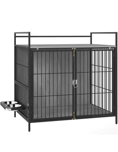 PawHut Dog Crate Furniture with Rotating Bowl Holder, 2 Bowls, 2 Doors, for Medium Dogs, 80 x 56 x 76.5 cm, Grey