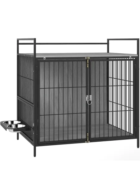 PawHut Dog Crate Furniture with Rotating Bowl Holder, 2 Bowls, 2 Doors, for Medium Dogs, 80 x 56 x 76.5 cm, Grey