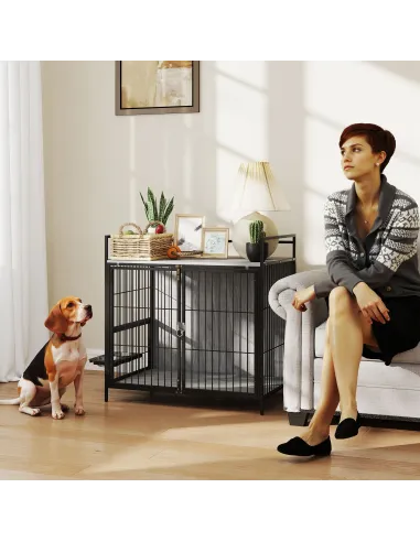 PawHut Dog Crate Furniture with Rotating Bowl Holder, 2 Bowls, 2 Doors, for Medium Dogs, 80 x 56 x 76.5 cm, Grey