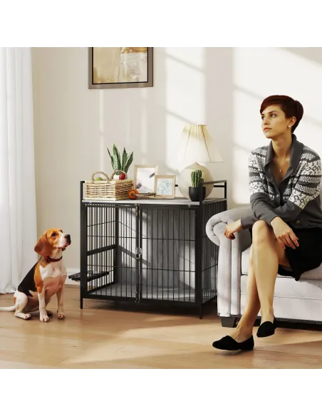 PawHut Dog Crate Furniture with Rotating Bowl Holder, 2 Bowls, 2 Doors, for Medium Dogs, 80 x 56 x 76.5 cm, Grey