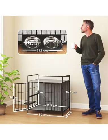 PawHut Dog Crate Furniture with Rotating Bowl Holder, 2 Bowls, 2 Doors, for Medium Dogs, 80 x 56 x 76.5 cm, Grey