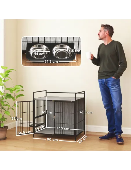 PawHut Dog Crate Furniture with Rotating Bowl Holder, 2 Bowls, 2 Doors, for Medium Dogs, 80 x 56 x 76.5 cm, Grey