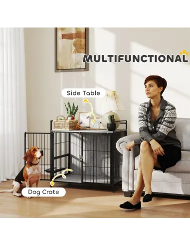 PawHut Dog Crate Furniture with Rotating Bowl Holder, 2 Bowls, 2 Doors, for Medium Dogs, 80 x 56 x 76.5 cm, Grey