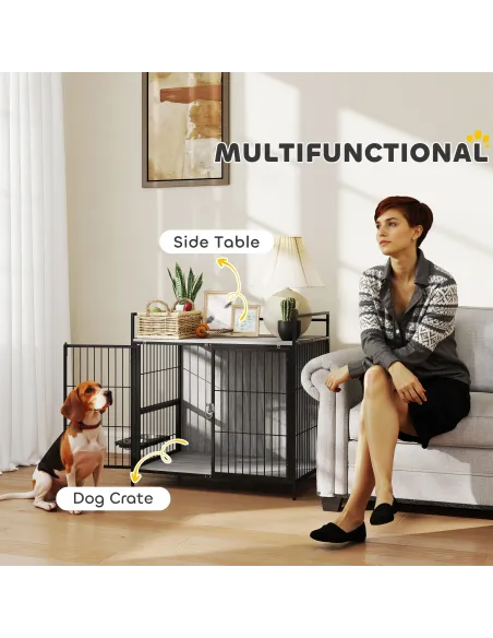 PawHut Dog Crate Furniture with Rotating Bowl Holder, 2 Bowls, 2 Doors, for Medium Dogs, 80 x 56 x 76.5 cm, Grey