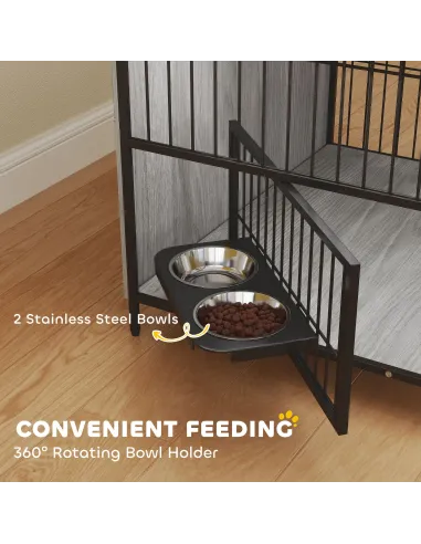 PawHut Dog Crate Furniture with Rotating Bowl Holder, 2 Bowls, 2 Doors, for Medium Dogs, 80 x 56 x 76.5 cm, Grey