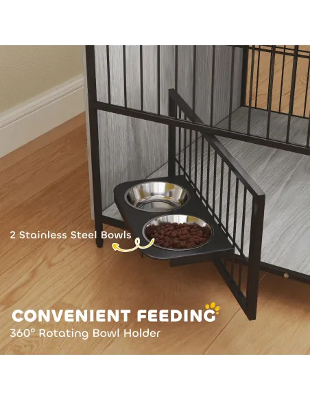 PawHut Dog Crate Furniture with Rotating Bowl Holder, 2 Bowls, 2 Doors, for Medium Dogs, 80 x 56 x 76.5 cm, Grey