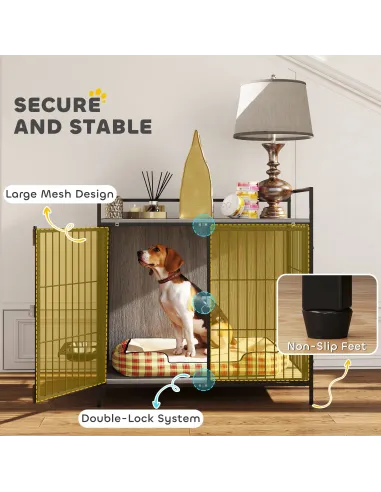 PawHut Dog Crate Furniture with Rotating Bowl Holder, 2 Bowls, 2 Doors, for Medium Dogs, 80 x 56 x 76.5 cm, Grey