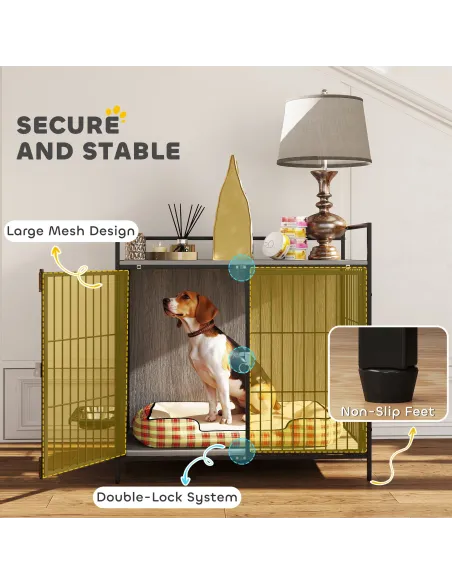 PawHut Dog Crate Furniture with Rotating Bowl Holder, 2 Bowls, 2 Doors, for Medium Dogs, 80 x 56 x 76.5 cm, Grey