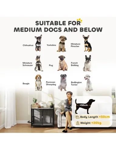 PawHut Dog Crate Furniture with Rotating Bowl Holder, 2 Bowls, 2 Doors, for Medium Dogs, 80 x 56 x 76.5 cm, Grey