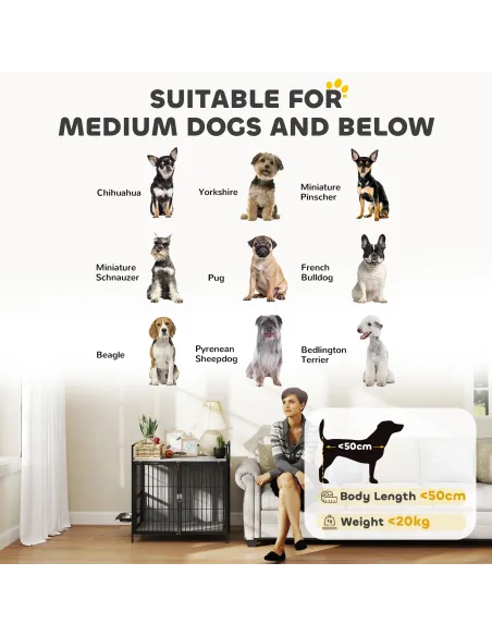 PawHut Dog Crate Furniture with Rotating Bowl Holder, 2 Bowls, 2 Doors, for Medium Dogs, 80 x 56 x 76.5 cm, Grey