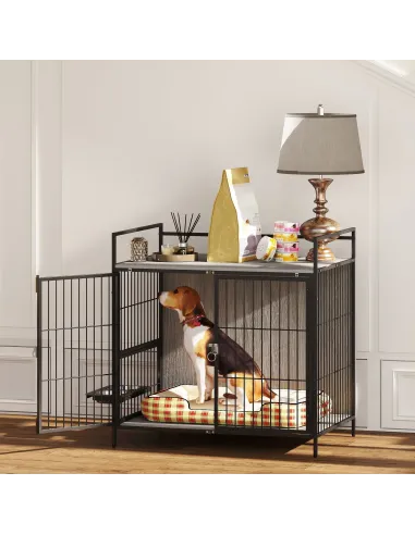 PawHut Dog Crate Furniture with Rotating Bowl Holder, 2 Bowls, 2 Doors, for Medium Dogs, 80 x 56 x 76.5 cm, Grey