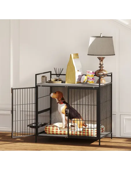 PawHut Dog Crate Furniture with Rotating Bowl Holder, 2 Bowls, 2 Doors, for Medium Dogs, 80 x 56 x 76.5 cm, Grey