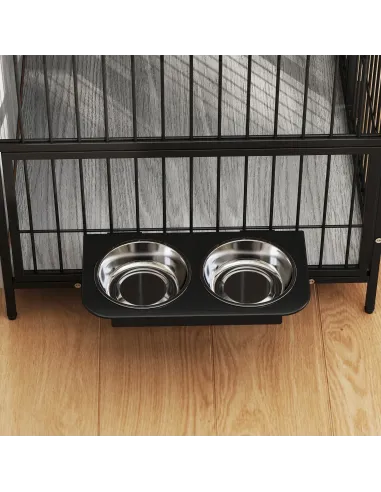 PawHut Dog Crate Furniture with Rotating Bowl Holder, 2 Bowls, 2 Doors, for Medium Dogs, 80 x 56 x 76.5 cm, Grey