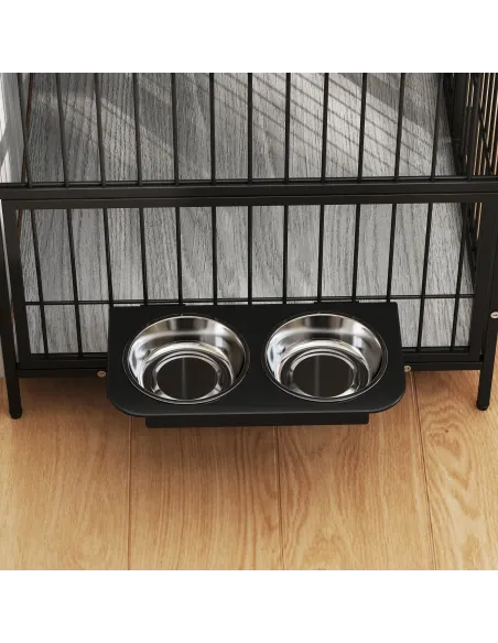 PawHut Dog Crate Furniture with Rotating Bowl Holder, 2 Bowls, 2 Doors, for Medium Dogs, 80 x 56 x 76.5 cm, Grey