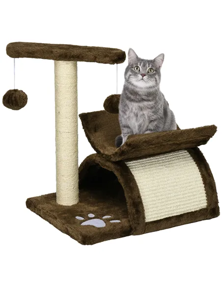 PawHut Cat Tree, Cat Tower for Kittens with Rotatable Top Bar, Sisal Scratching Post, Tunnel, Dangling Balls - Brown