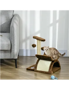 PawHut Cat Tree, Cat Tower for Kittens with Rotatable Top Bar, Sisal Scratching Post, Tunnel, Dangling Balls - Brown 2